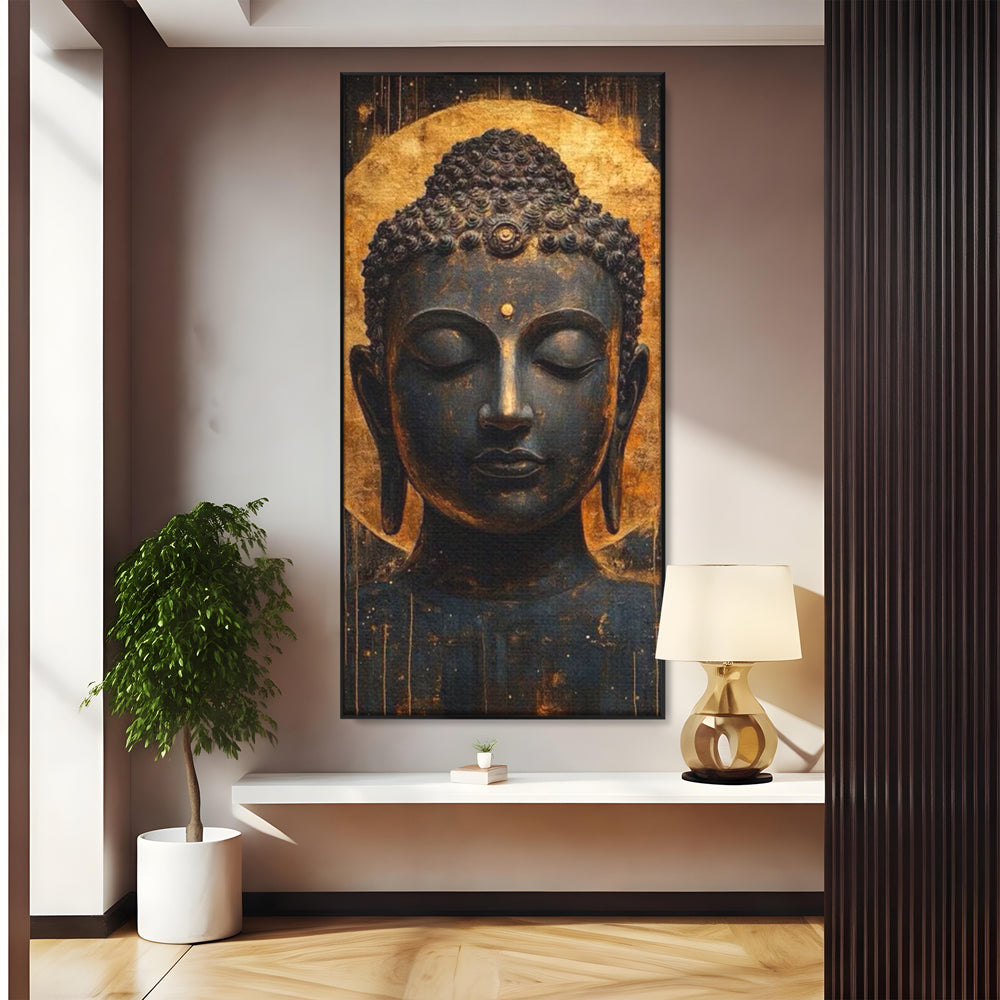 Leinwandbilder Premium LuxCanva® I146, Energie und Ruhe, Buddha, Zen, Ruhe, Weisheit, Erleuchtung, Erleuchtung, Spiritualität, Harmonie, Urne, Aura, Feuer, Gold, Wohnen, Schlafzimmer