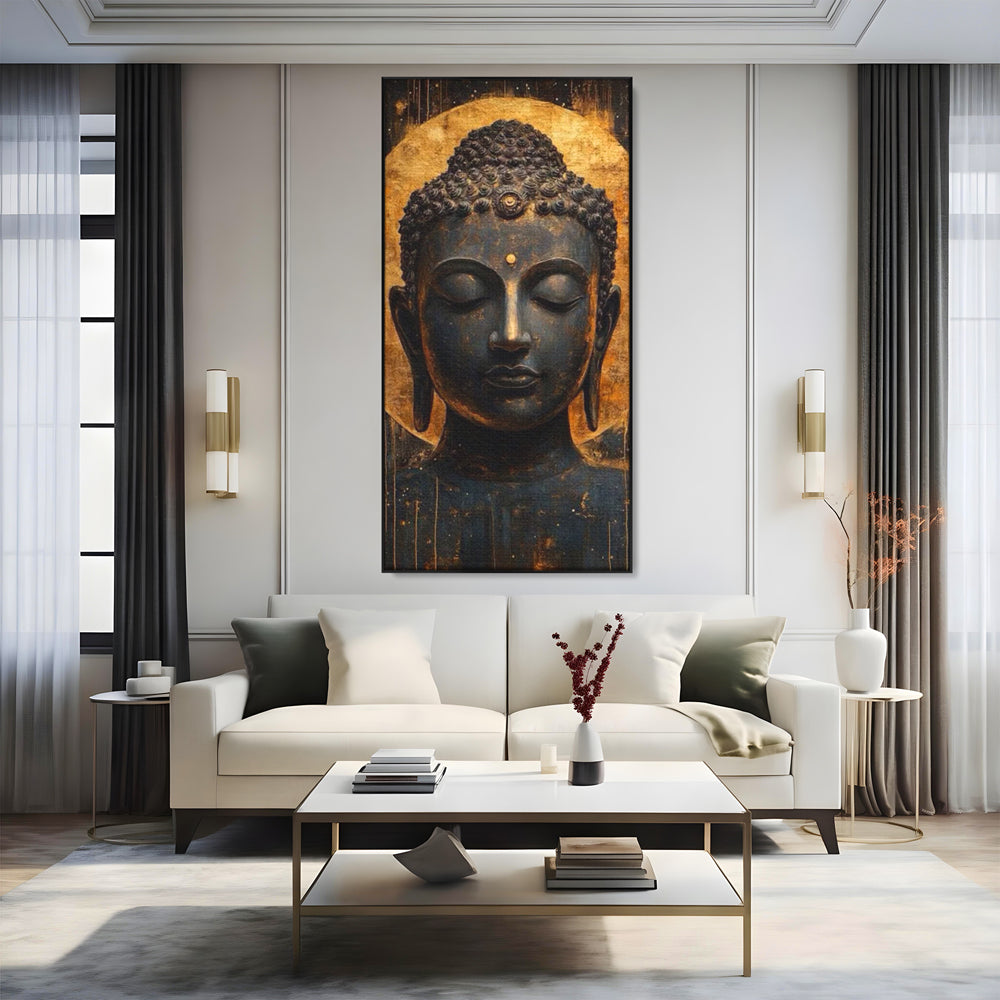 Leinwandbilder Premium LuxCanva® I146, Energie und Ruhe, Buddha, Zen, Ruhe, Weisheit, Erleuchtung, Erleuchtung, Spiritualität, Harmonie, Urne, Aura, Feuer, Gold, Wohnen, Schlafzimmer