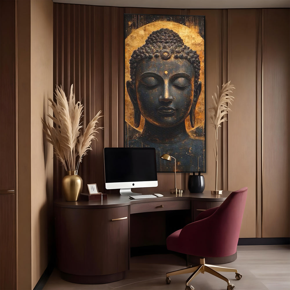 Leinwandbilder Premium LuxCanva® I146, Energie und Ruhe, Buddha, Zen, Ruhe, Weisheit, Erleuchtung, Erleuchtung, Spiritualität, Harmonie, Urne, Aura, Feuer, Gold, Wohnen, Schlafzimmer
