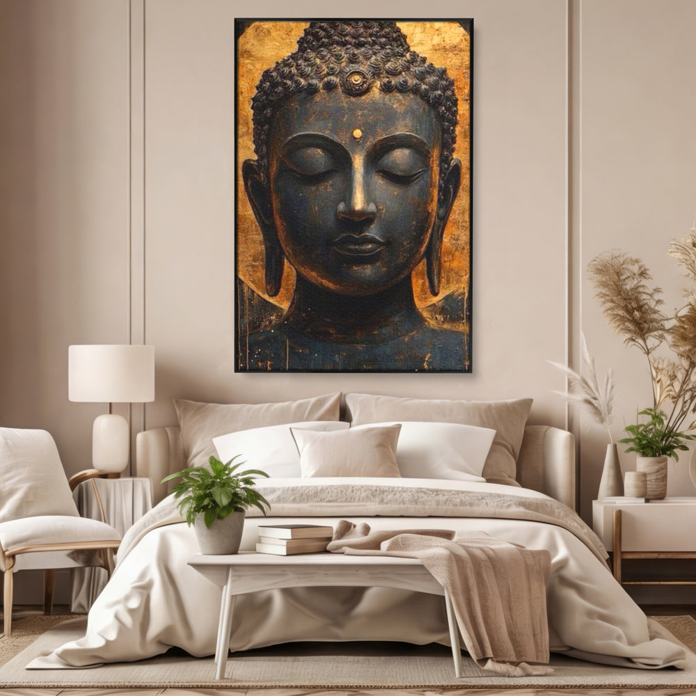 Leinwandbilder Premium LuxCanva® I146, Energie und Ruhe, Buddha, Zen, Ruhe, Weisheit, Erleuchtung, Erleuchtung, Spiritualität, Harmonie, Urne, Aura, Feuer, Gold, Wohnen, Schlafzimmer
