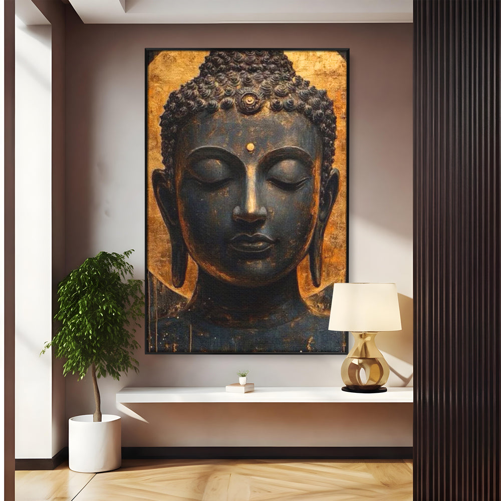 Leinwandbilder Premium LuxCanva® I146, Energie und Ruhe, Buddha, Zen, Ruhe, Weisheit, Erleuchtung, Erleuchtung, Spiritualität, Harmonie, Urne, Aura, Feuer, Gold, Wohnen, Schlafzimmer