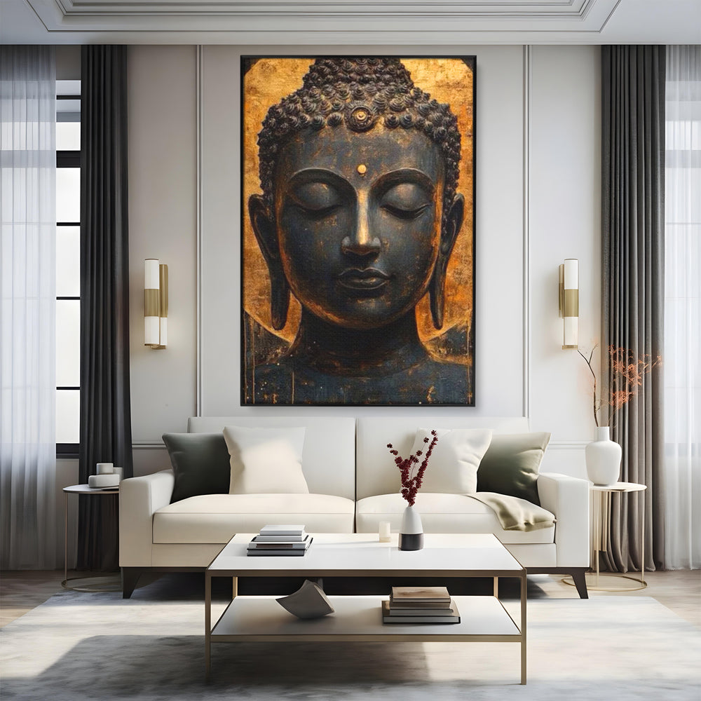 Leinwandbilder Premium LuxCanva® I146, Energie und Ruhe, Buddha, Zen, Ruhe, Weisheit, Erleuchtung, Erleuchtung, Spiritualität, Harmonie, Urne, Aura, Feuer, Gold, Wohnen, Schlafzimmer
