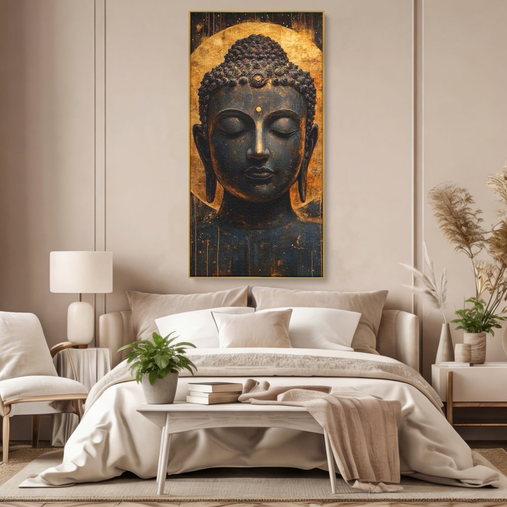 Leinwandbilder Premium LuxCanva® I146, Energie und Ruhe, Buddha, Zen, Ruhe, Weisheit, Erleuchtung, Erleuchtung, Spiritualität, Harmonie, Urne, Aura, Feuer, Gold, Wohnen, Schlafzimmer