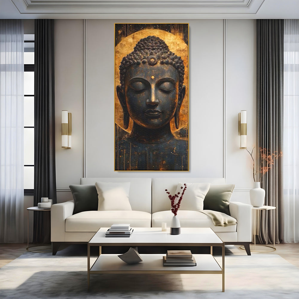 Leinwandbilder Premium LuxCanva® I146, Energie und Ruhe, Buddha, Zen, Ruhe, Weisheit, Erleuchtung, Erleuchtung, Spiritualität, Harmonie, Urne, Aura, Feuer, Gold, Wohnen, Schlafzimmer