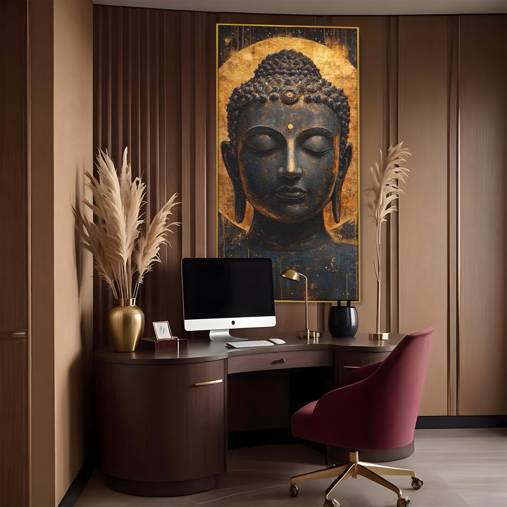 Leinwandbilder Premium LuxCanva® I146, Energie und Ruhe, Buddha, Zen, Ruhe, Weisheit, Erleuchtung, Erleuchtung, Spiritualität, Harmonie, Urne, Aura, Feuer, Gold, Wohnen, Schlafzimmer