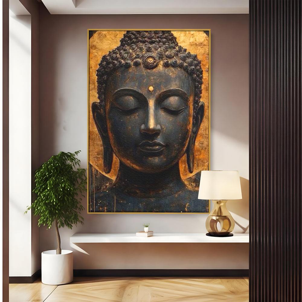 Leinwandbilder Premium LuxCanva® I146, Energie und Ruhe, Buddha, Zen, Ruhe, Weisheit, Erleuchtung, Erleuchtung, Spiritualität, Harmonie, Urne, Aura, Feuer, Gold, Wohnen, Schlafzimmer