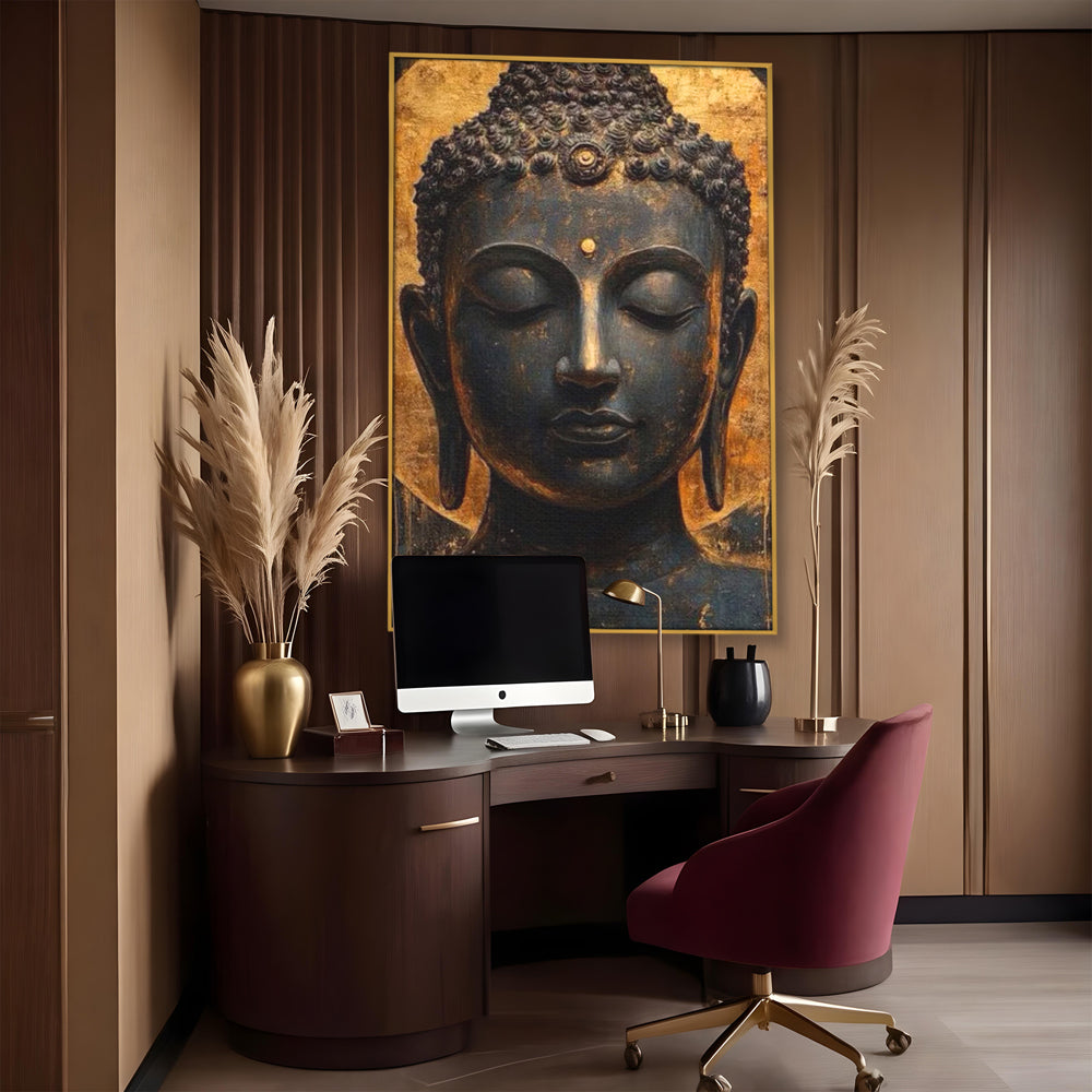 Leinwandbilder Premium LuxCanva® I146, Energie und Ruhe, Buddha, Zen, Ruhe, Weisheit, Erleuchtung, Erleuchtung, Spiritualität, Harmonie, Urne, Aura, Feuer, Gold, Wohnen, Schlafzimmer