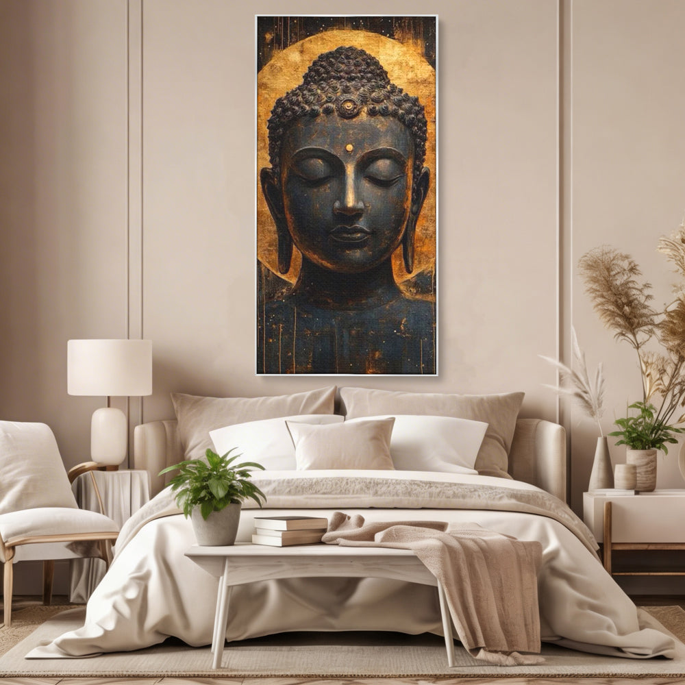 Leinwandbilder Premium LuxCanva® I146, Energie und Ruhe, Buddha, Zen, Ruhe, Weisheit, Erleuchtung, Erleuchtung, Spiritualität, Harmonie, Urne, Aura, Feuer, Gold, Wohnen, Schlafzimmer