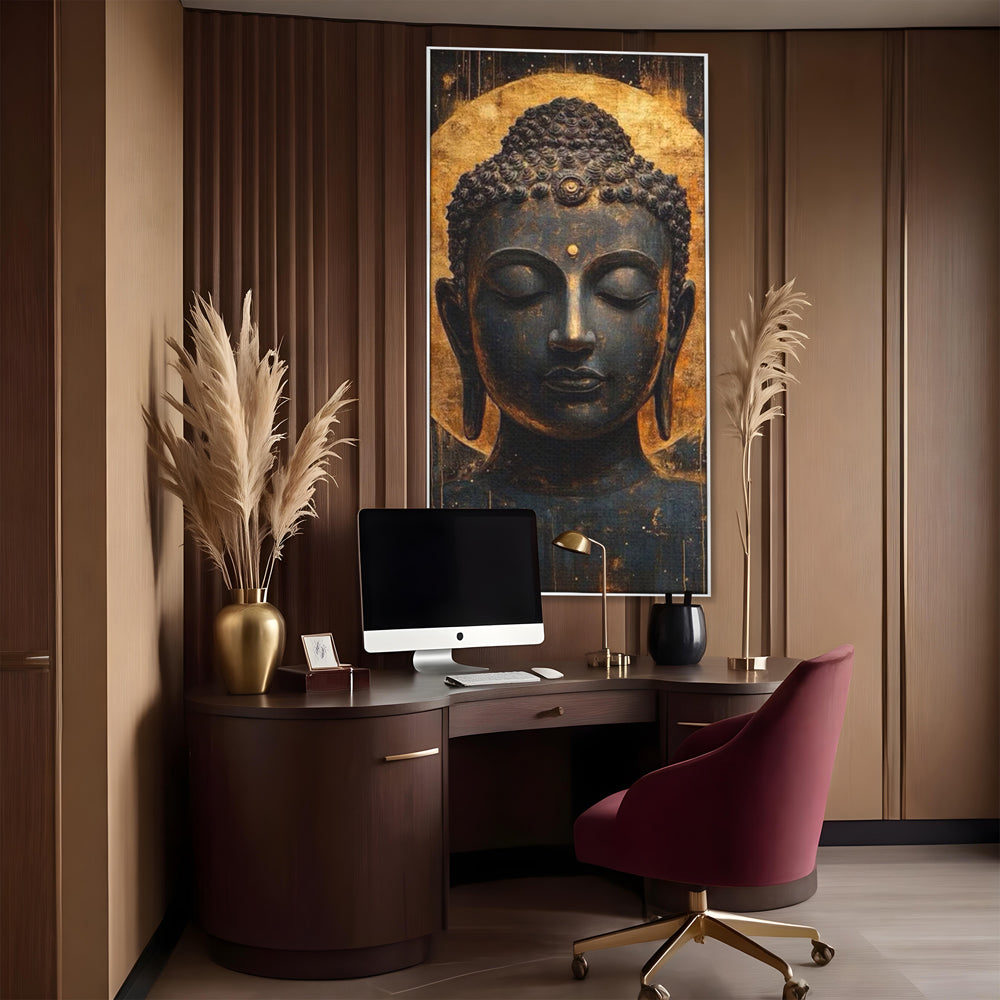 Leinwandbilder Premium LuxCanva® I146, Energie und Ruhe, Buddha, Zen, Ruhe, Weisheit, Erleuchtung, Erleuchtung, Spiritualität, Harmonie, Urne, Aura, Feuer, Gold, Wohnen, Schlafzimmer