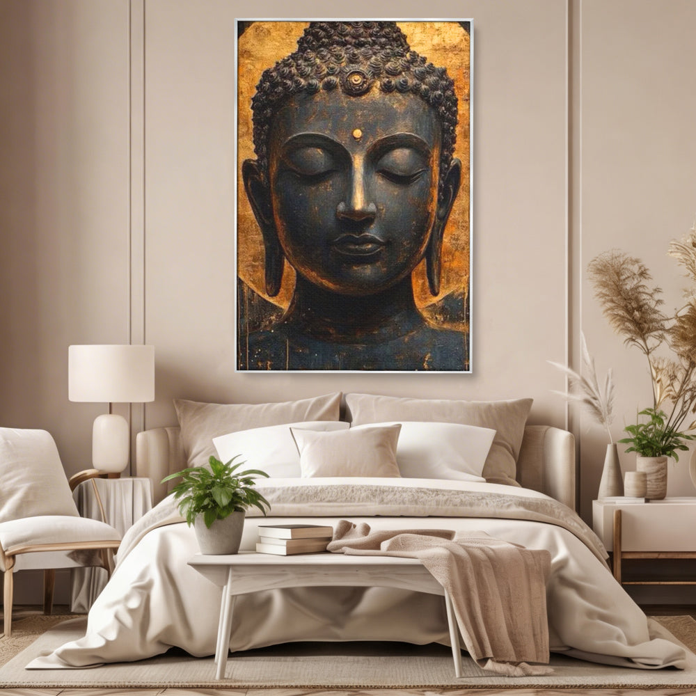 Leinwandbilder Premium LuxCanva® I146, Energie und Ruhe, Buddha, Zen, Ruhe, Weisheit, Erleuchtung, Erleuchtung, Spiritualität, Harmonie, Urne, Aura, Feuer, Gold, Wohnen, Schlafzimmer