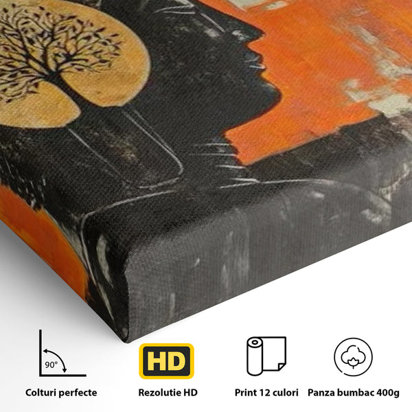Leinwand Leinwand Wandkunst Premium, LuxCanva® I147, Peace of Mind, Buddha, Zen, Ruhe, Weisheit, Baum, Äste, Profil, Heilige Kunst, Meditation, Harmonie, Orange, Wohnen, Schlafzimmer