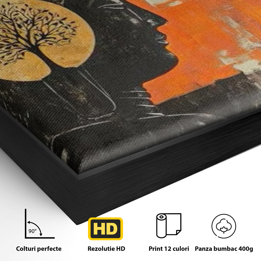 Leinwand Leinwand Wandkunst Premium, LuxCanva® I147, Peace of Mind, Buddha, Zen, Ruhe, Weisheit, Baum, Äste, Profil, Heilige Kunst, Meditation, Harmonie, Orange, Wohnen, Schlafzimmer