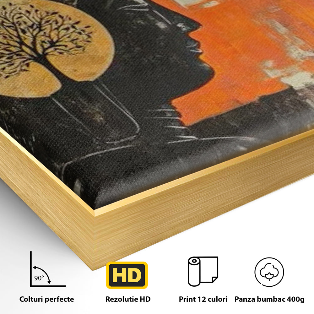 Leinwand Leinwand Wandkunst Premium, LuxCanva® I147, Peace of Mind, Buddha, Zen, Ruhe, Weisheit, Baum, Äste, Profil, Heilige Kunst, Meditation, Harmonie, Orange, Wohnen, Schlafzimmer