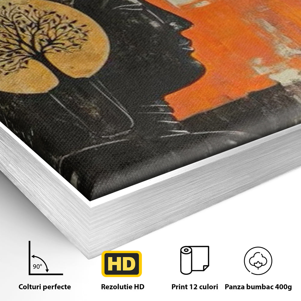 Leinwand Leinwand Wandkunst Premium, LuxCanva® I147, Peace of Mind, Buddha, Zen, Ruhe, Weisheit, Baum, Äste, Profil, Heilige Kunst, Meditation, Harmonie, Orange, Wohnen, Schlafzimmer