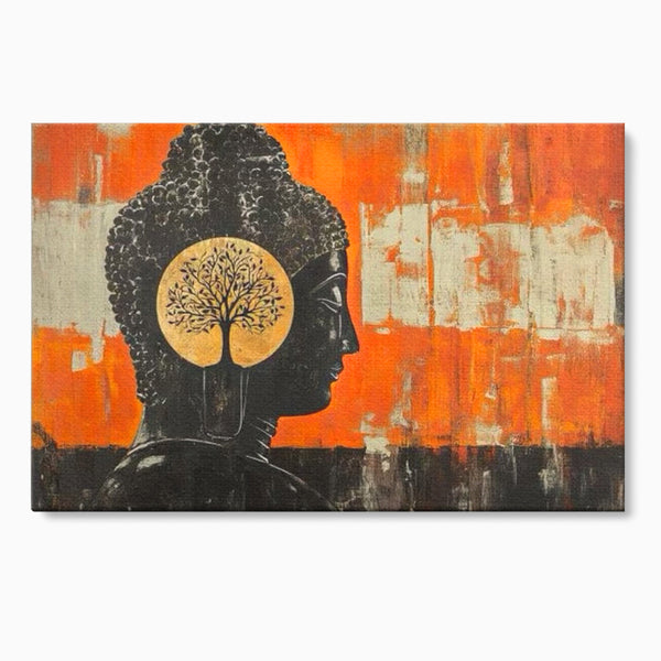 Leinwand Leinwand Wandkunst Premium, LuxCanva® I147, Peace of Mind, Buddha, Zen, Ruhe, Weisheit, Baum, Äste, Profil, Heilige Kunst, Meditation, Harmonie, Orange, Wohnen, Schlafzimmer