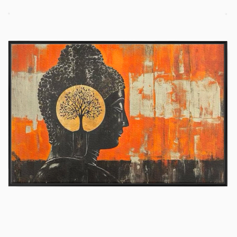 Leinwand Leinwand Wandkunst Premium, LuxCanva® I147, Peace of Mind, Buddha, Zen, Ruhe, Weisheit, Baum, Äste, Profil, Heilige Kunst, Meditation, Harmonie, Orange, Wohnen, Schlafzimmer