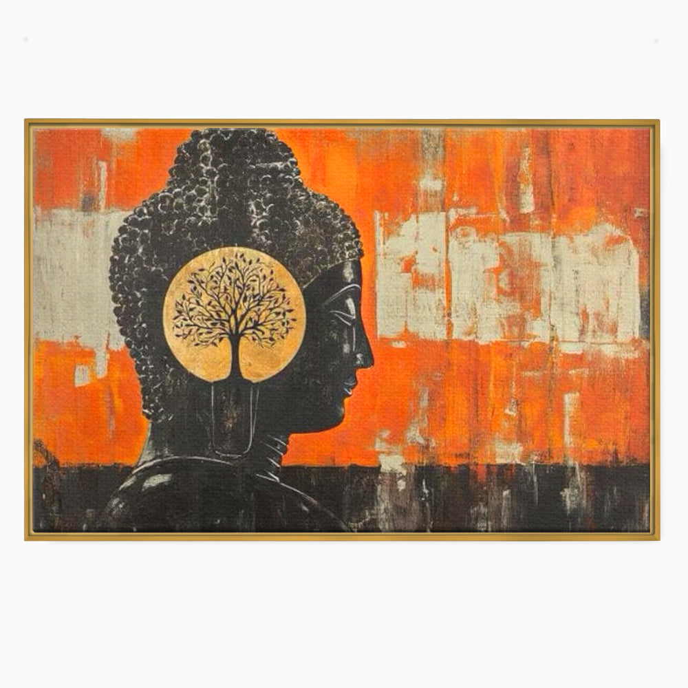 Leinwand Leinwand Wandkunst Premium, LuxCanva® I147, Peace of Mind, Buddha, Zen, Ruhe, Weisheit, Baum, Äste, Profil, Heilige Kunst, Meditation, Harmonie, Orange, Wohnen, Schlafzimmer