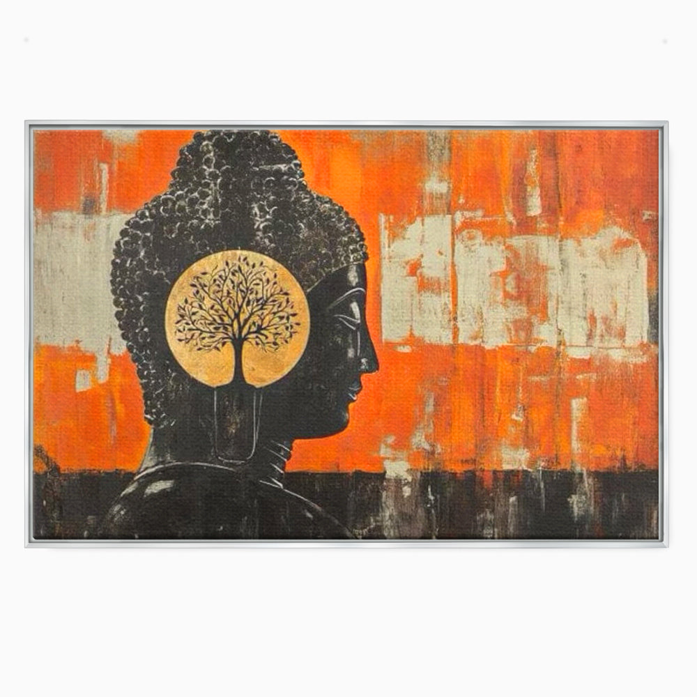 Leinwand Leinwand Wandkunst Premium, LuxCanva® I147, Peace of Mind, Buddha, Zen, Ruhe, Weisheit, Baum, Äste, Profil, Heilige Kunst, Meditation, Harmonie, Orange, Wohnen, Schlafzimmer