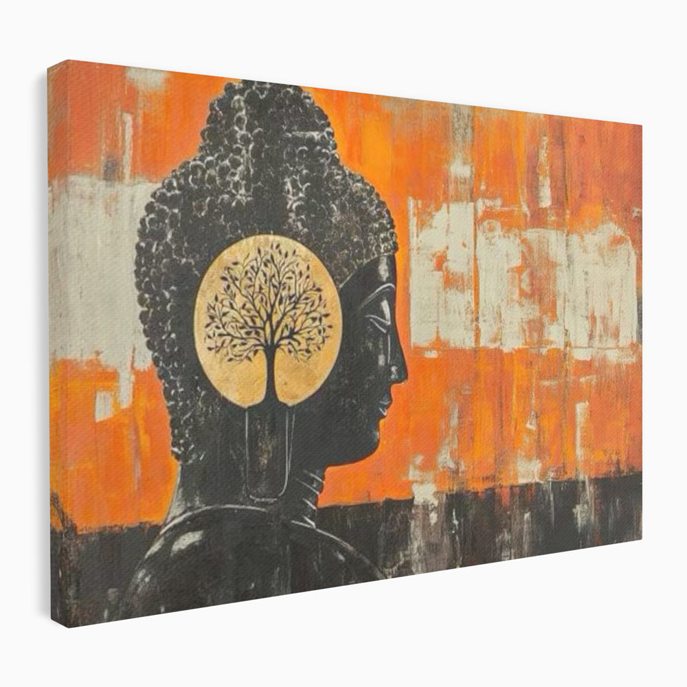Leinwand Leinwand Wandkunst Premium, LuxCanva® I147, Peace of Mind, Buddha, Zen, Ruhe, Weisheit, Baum, Äste, Profil, Heilige Kunst, Meditation, Harmonie, Orange, Wohnen, Schlafzimmer