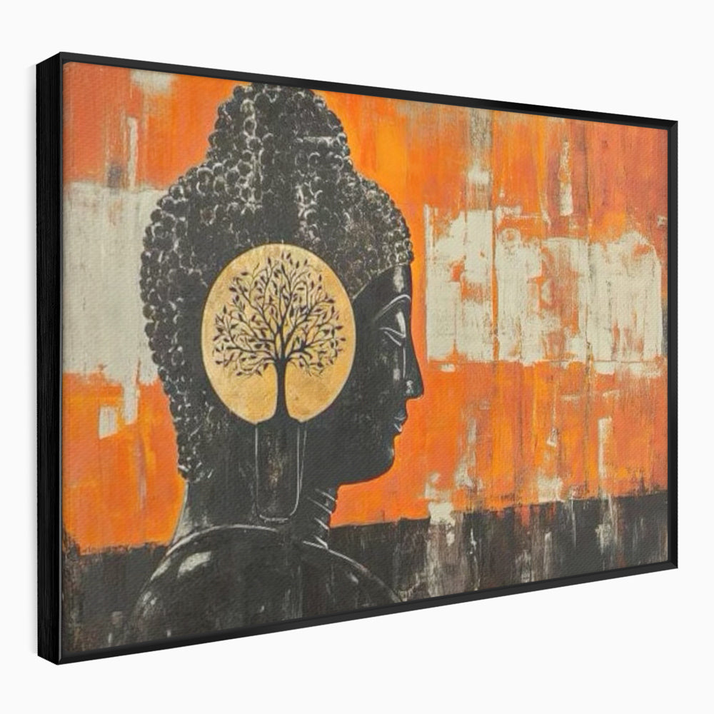 Leinwand Leinwand Wandkunst Premium, LuxCanva® I147, Peace of Mind, Buddha, Zen, Ruhe, Weisheit, Baum, Äste, Profil, Heilige Kunst, Meditation, Harmonie, Orange, Wohnen, Schlafzimmer