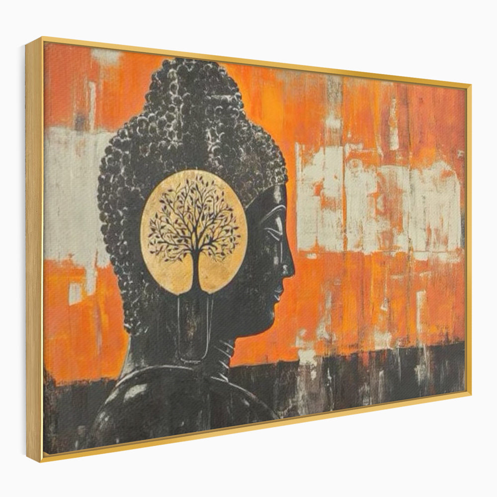 Leinwand Leinwand Wandkunst Premium, LuxCanva® I147, Peace of Mind, Buddha, Zen, Ruhe, Weisheit, Baum, Äste, Profil, Heilige Kunst, Meditation, Harmonie, Orange, Wohnen, Schlafzimmer