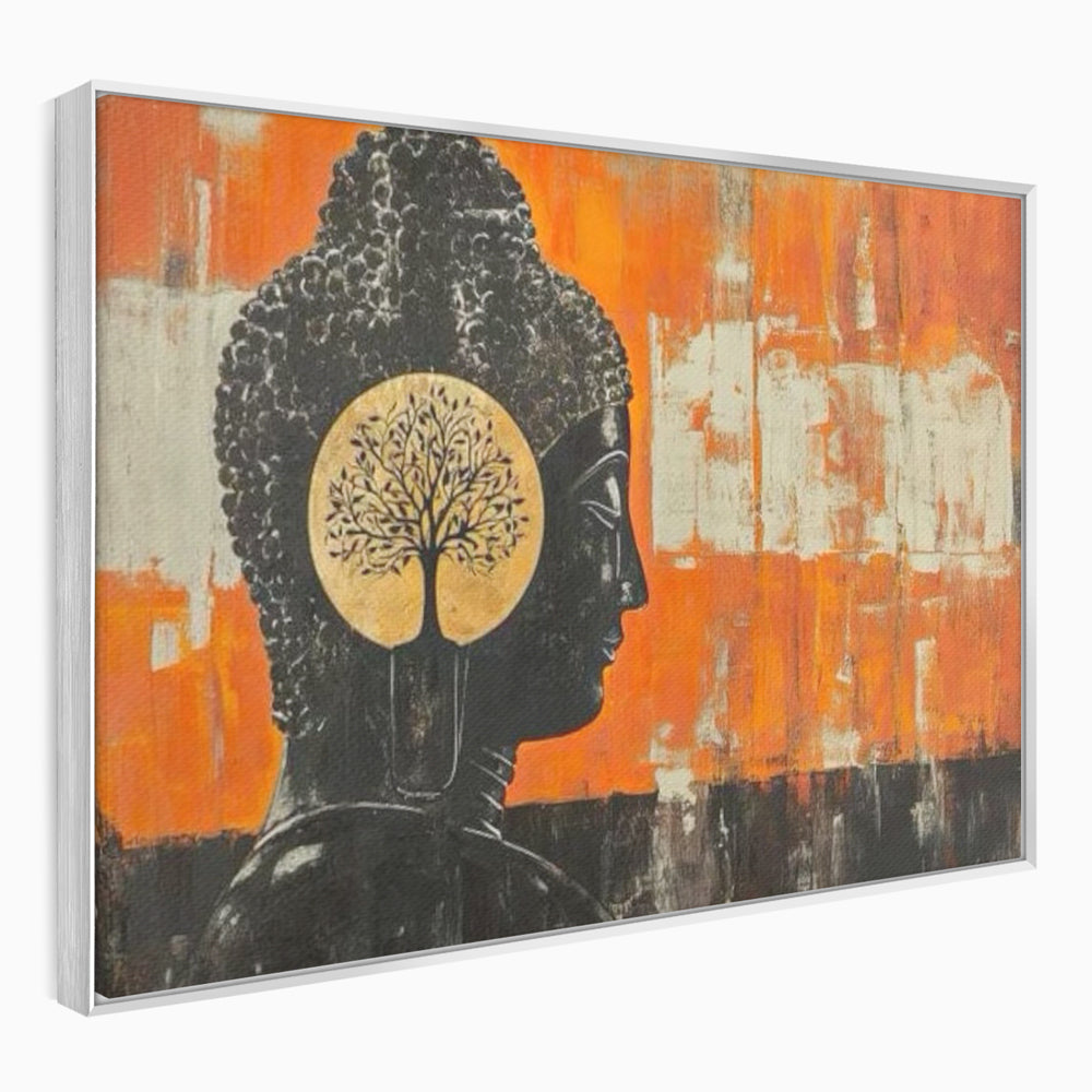 Leinwand Leinwand Wandkunst Premium, LuxCanva® I147, Peace of Mind, Buddha, Zen, Ruhe, Weisheit, Baum, Äste, Profil, Heilige Kunst, Meditation, Harmonie, Orange, Wohnen, Schlafzimmer