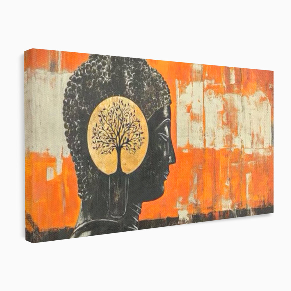 Leinwand Leinwand Wandkunst Premium, LuxCanva® I147, Peace of Mind, Buddha, Zen, Ruhe, Weisheit, Baum, Äste, Profil, Heilige Kunst, Meditation, Harmonie, Orange, Wohnen, Schlafzimmer