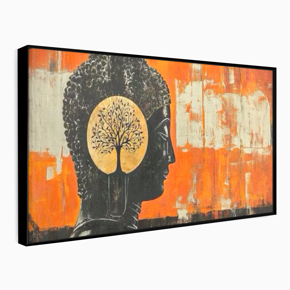 Leinwand Leinwand Wandkunst Premium, LuxCanva® I147, Peace of Mind, Buddha, Zen, Ruhe, Weisheit, Baum, Äste, Profil, Heilige Kunst, Meditation, Harmonie, Orange, Wohnen, Schlafzimmer
