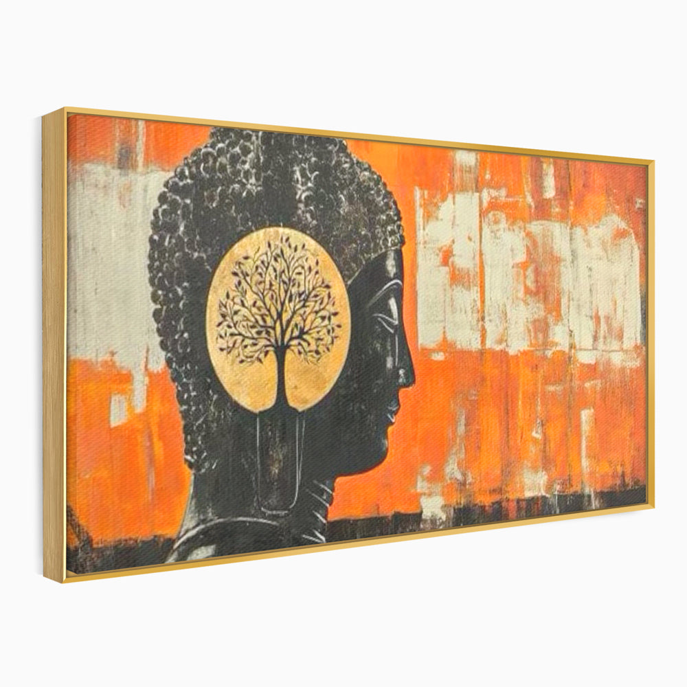 Leinwand Leinwand Wandkunst Premium, LuxCanva® I147, Peace of Mind, Buddha, Zen, Ruhe, Weisheit, Baum, Äste, Profil, Heilige Kunst, Meditation, Harmonie, Orange, Wohnen, Schlafzimmer