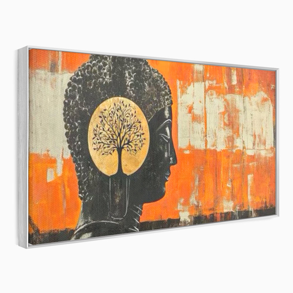 Leinwand Leinwand Wandkunst Premium, LuxCanva® I147, Peace of Mind, Buddha, Zen, Ruhe, Weisheit, Baum, Äste, Profil, Heilige Kunst, Meditation, Harmonie, Orange, Wohnen, Schlafzimmer