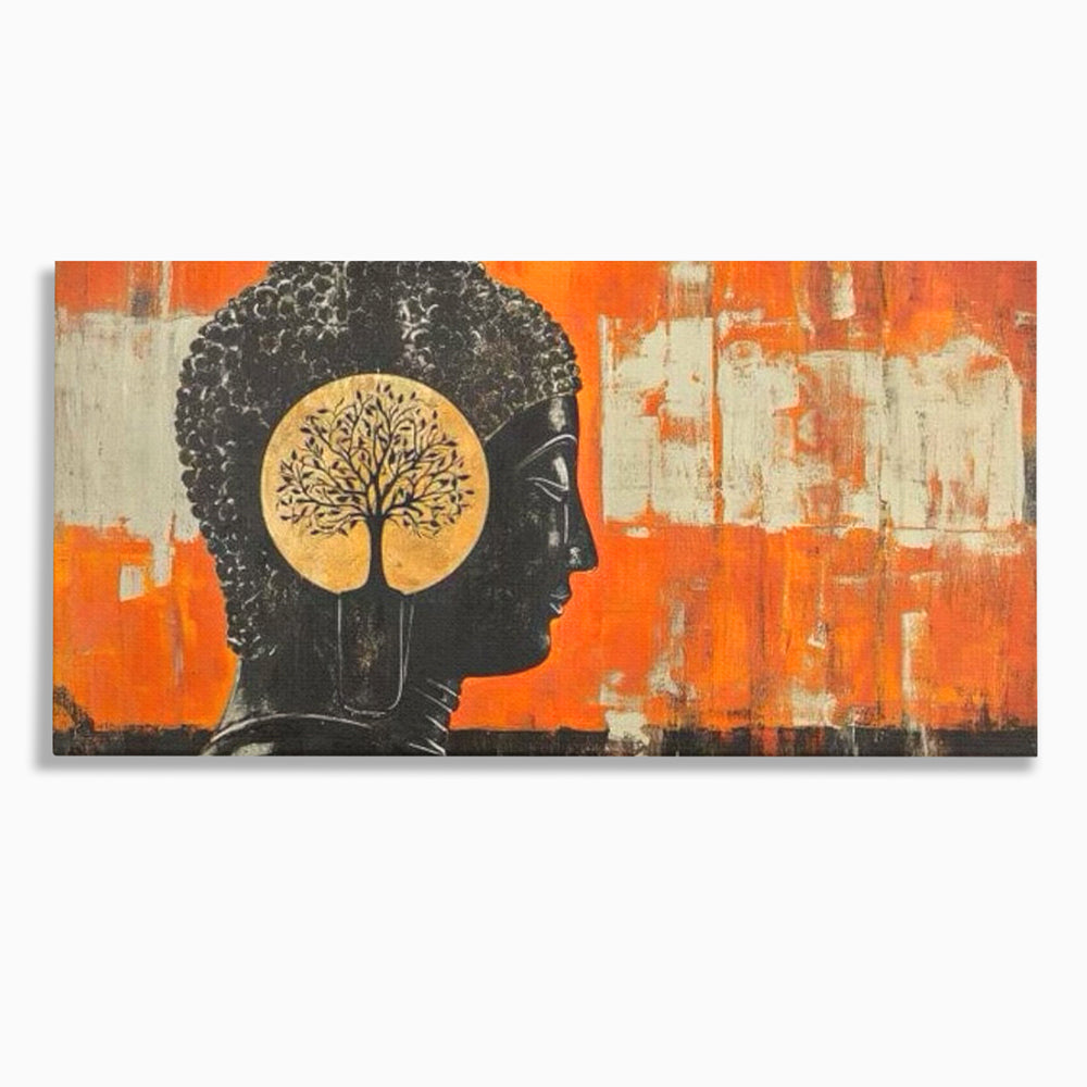 Leinwand Leinwand Wandkunst Premium, LuxCanva® I147, Peace of Mind, Buddha, Zen, Ruhe, Weisheit, Baum, Äste, Profil, Heilige Kunst, Meditation, Harmonie, Orange, Wohnen, Schlafzimmer