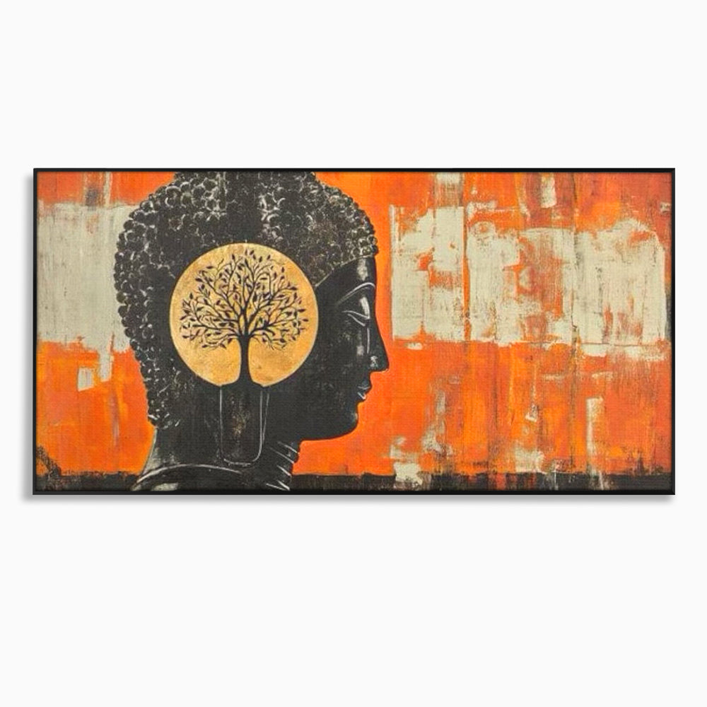 Leinwand Leinwand Wandkunst Premium, LuxCanva® I147, Peace of Mind, Buddha, Zen, Ruhe, Weisheit, Baum, Äste, Profil, Heilige Kunst, Meditation, Harmonie, Orange, Wohnen, Schlafzimmer