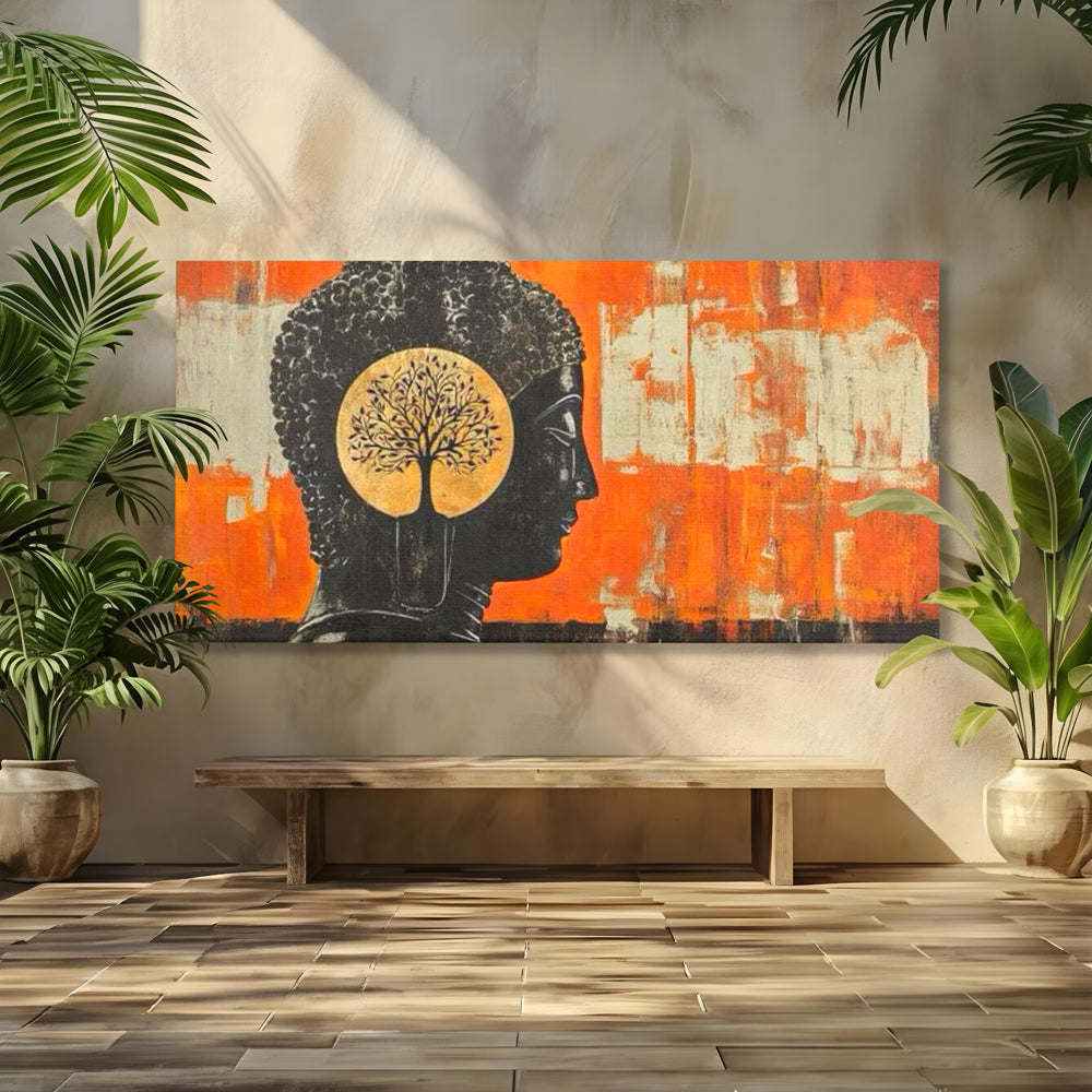 Leinwand Leinwand Wandkunst Premium, LuxCanva® I147, Peace of Mind, Buddha, Zen, Ruhe, Weisheit, Baum, Äste, Profil, Heilige Kunst, Meditation, Harmonie, Orange, Wohnen, Schlafzimmer