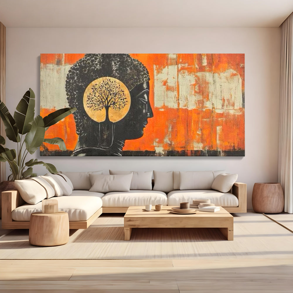 Leinwand Leinwand Wandkunst Premium, LuxCanva® I147, Peace of Mind, Buddha, Zen, Ruhe, Weisheit, Baum, Äste, Profil, Heilige Kunst, Meditation, Harmonie, Orange, Wohnen, Schlafzimmer