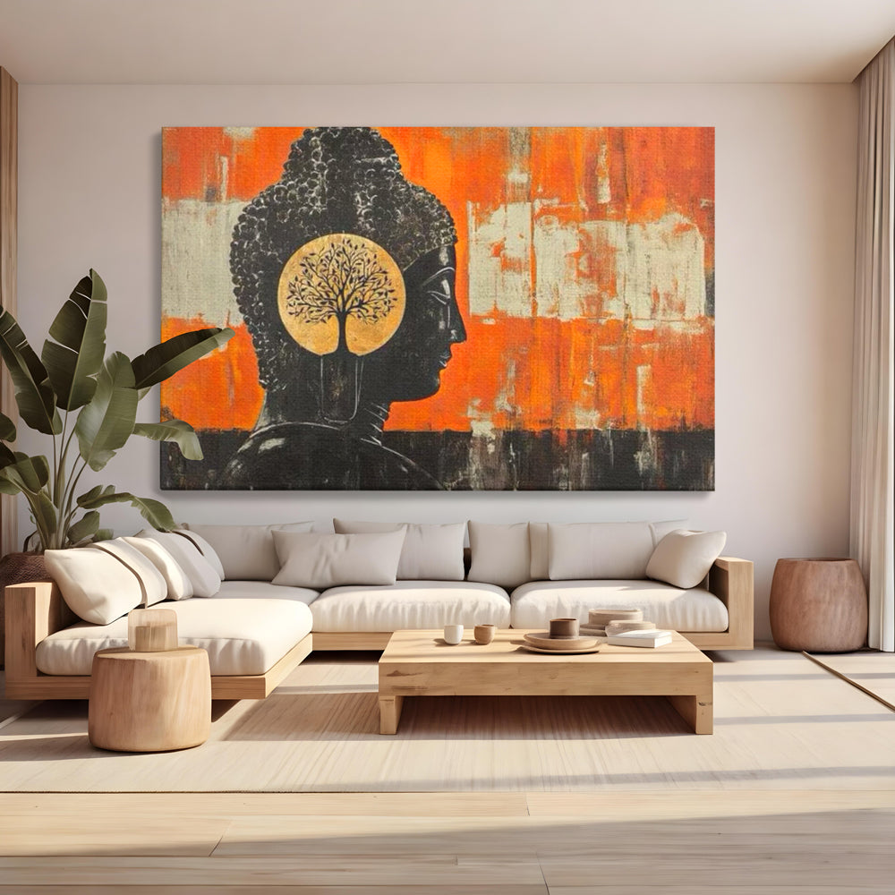 Leinwand Leinwand Wandkunst Premium, LuxCanva® I147, Peace of Mind, Buddha, Zen, Ruhe, Weisheit, Baum, Äste, Profil, Heilige Kunst, Meditation, Harmonie, Orange, Wohnen, Schlafzimmer