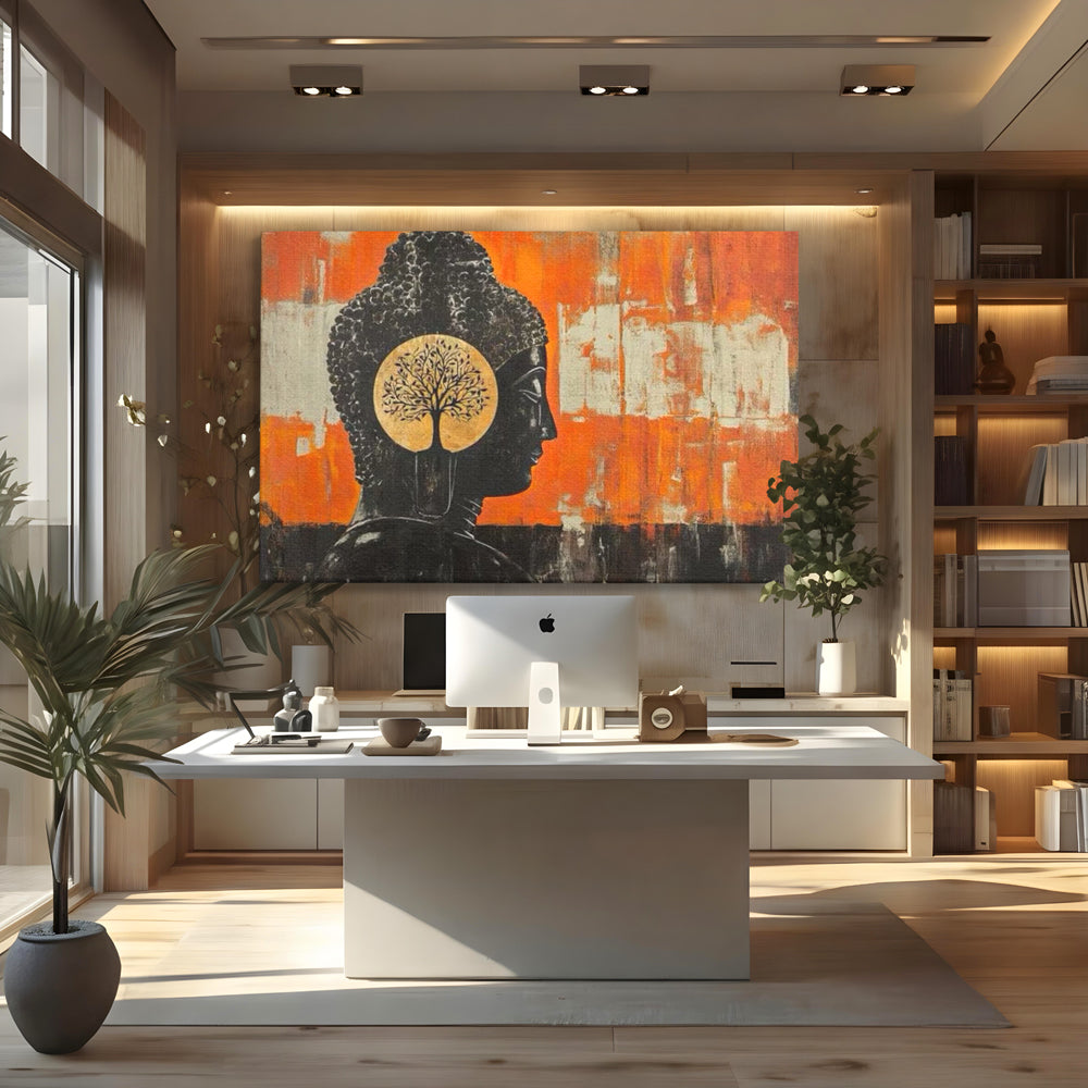 Leinwand Leinwand Wandkunst Premium, LuxCanva® I147, Peace of Mind, Buddha, Zen, Ruhe, Weisheit, Baum, Äste, Profil, Heilige Kunst, Meditation, Harmonie, Orange, Wohnen, Schlafzimmer