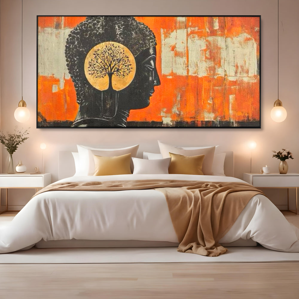 Leinwand Leinwand Wandkunst Premium, LuxCanva® I147, Peace of Mind, Buddha, Zen, Ruhe, Weisheit, Baum, Äste, Profil, Heilige Kunst, Meditation, Harmonie, Orange, Wohnen, Schlafzimmer