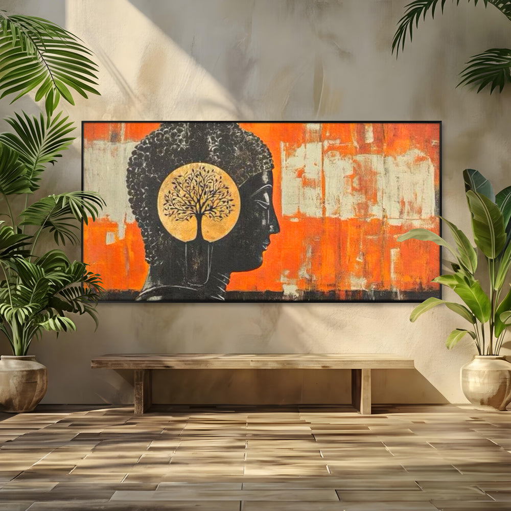 Leinwand Leinwand Wandkunst Premium, LuxCanva® I147, Peace of Mind, Buddha, Zen, Ruhe, Weisheit, Baum, Äste, Profil, Heilige Kunst, Meditation, Harmonie, Orange, Wohnen, Schlafzimmer