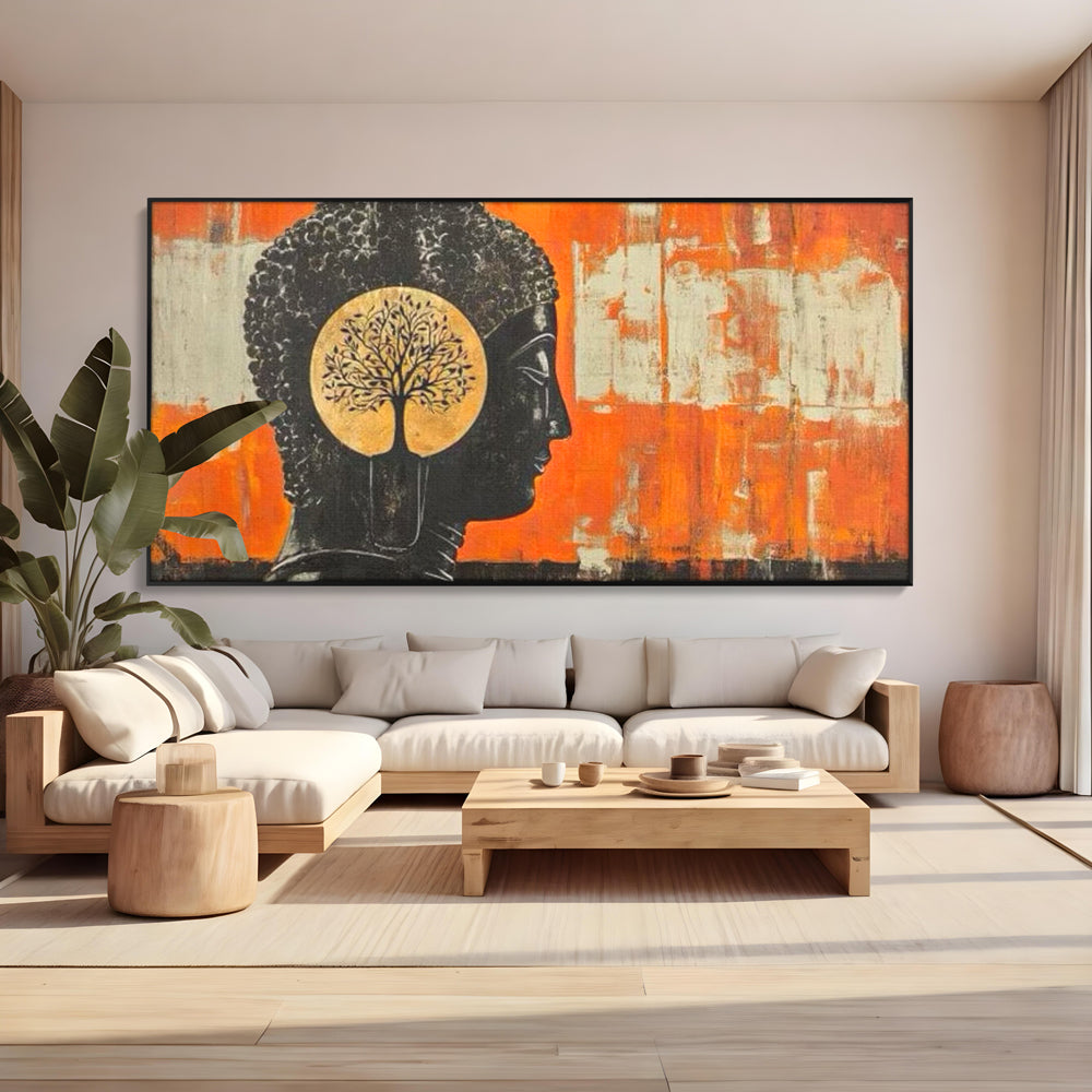 Leinwand Leinwand Wandkunst Premium, LuxCanva® I147, Peace of Mind, Buddha, Zen, Ruhe, Weisheit, Baum, Äste, Profil, Heilige Kunst, Meditation, Harmonie, Orange, Wohnen, Schlafzimmer
