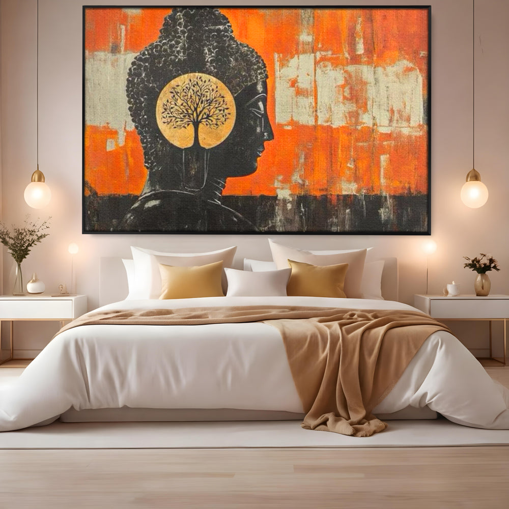 Leinwand Leinwand Wandkunst Premium, LuxCanva® I147, Peace of Mind, Buddha, Zen, Ruhe, Weisheit, Baum, Äste, Profil, Heilige Kunst, Meditation, Harmonie, Orange, Wohnen, Schlafzimmer