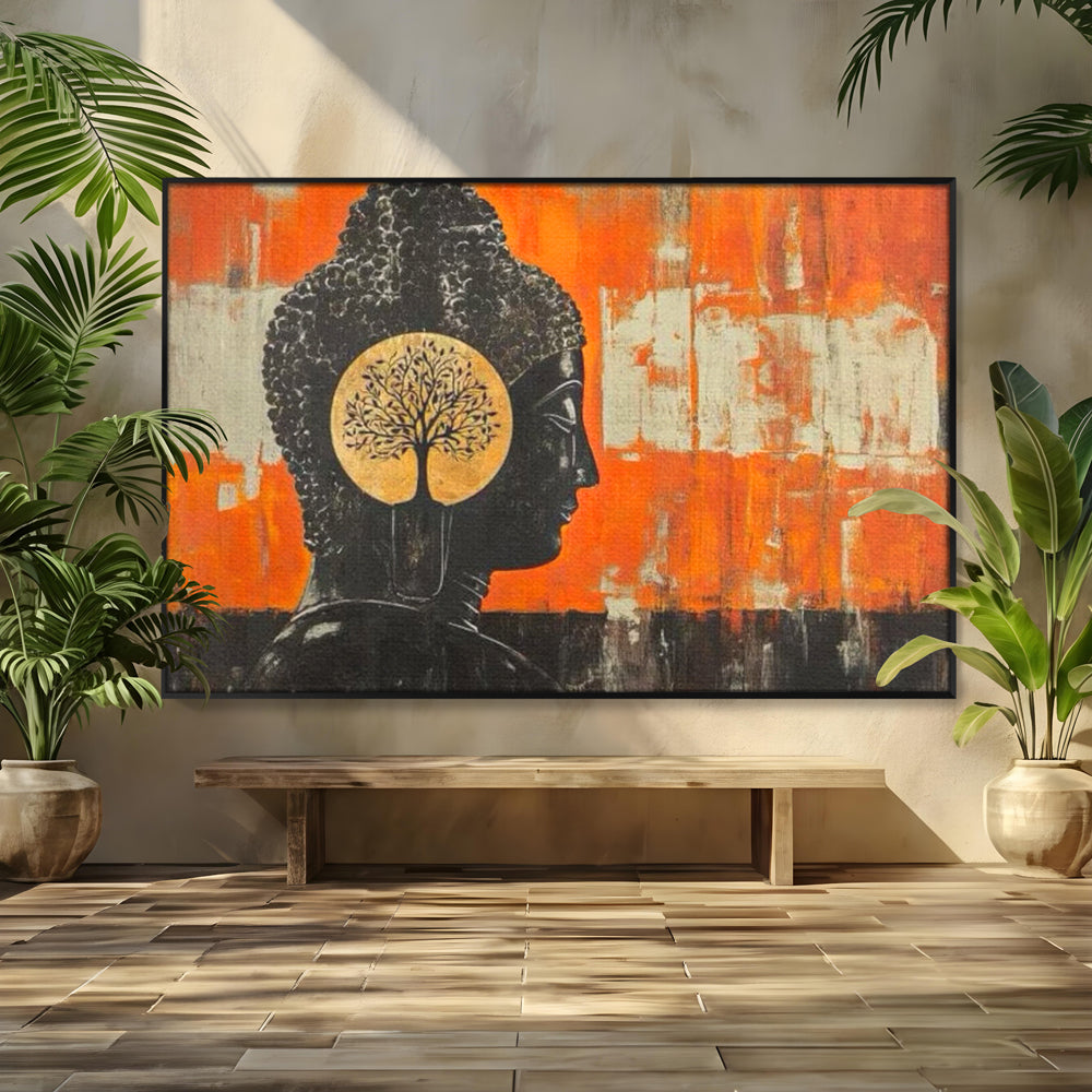 Leinwand Leinwand Wandkunst Premium, LuxCanva® I147, Peace of Mind, Buddha, Zen, Ruhe, Weisheit, Baum, Äste, Profil, Heilige Kunst, Meditation, Harmonie, Orange, Wohnen, Schlafzimmer