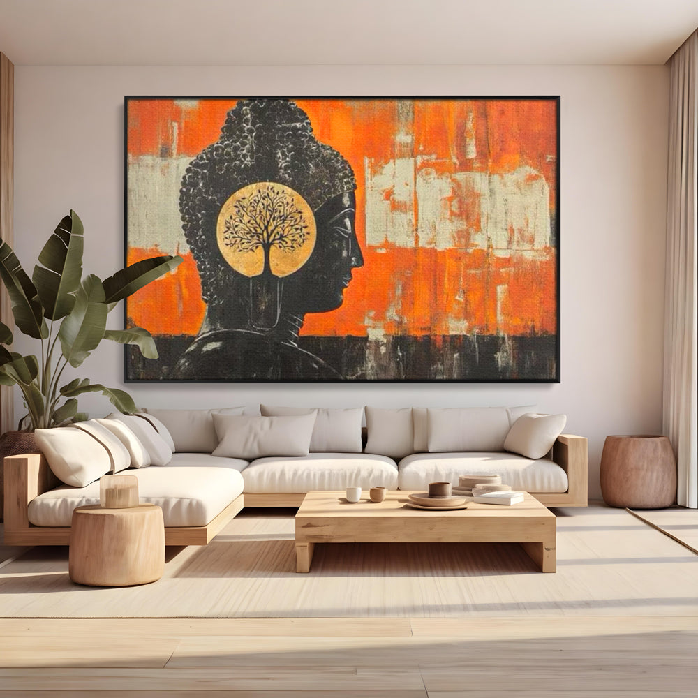 Leinwand Leinwand Wandkunst Premium, LuxCanva® I147, Peace of Mind, Buddha, Zen, Ruhe, Weisheit, Baum, Äste, Profil, Heilige Kunst, Meditation, Harmonie, Orange, Wohnen, Schlafzimmer