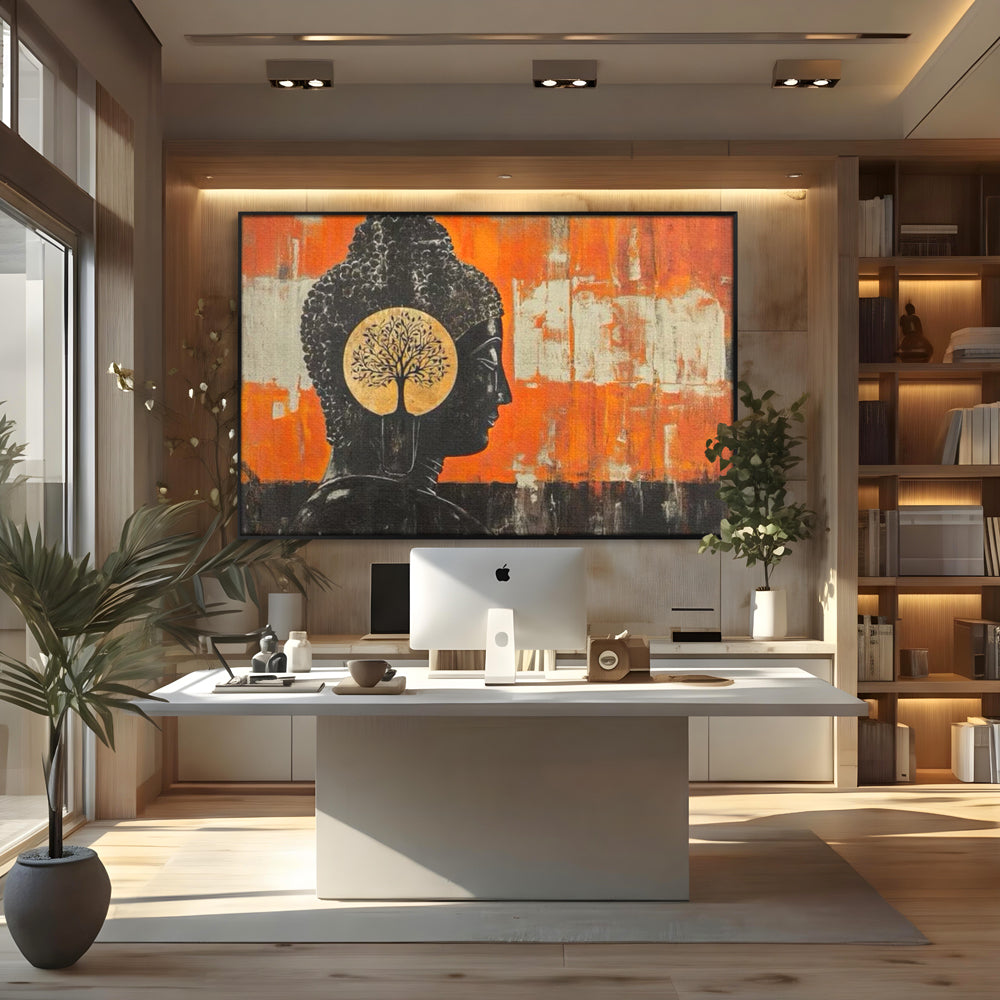 Leinwand Leinwand Wandkunst Premium, LuxCanva® I147, Peace of Mind, Buddha, Zen, Ruhe, Weisheit, Baum, Äste, Profil, Heilige Kunst, Meditation, Harmonie, Orange, Wohnen, Schlafzimmer