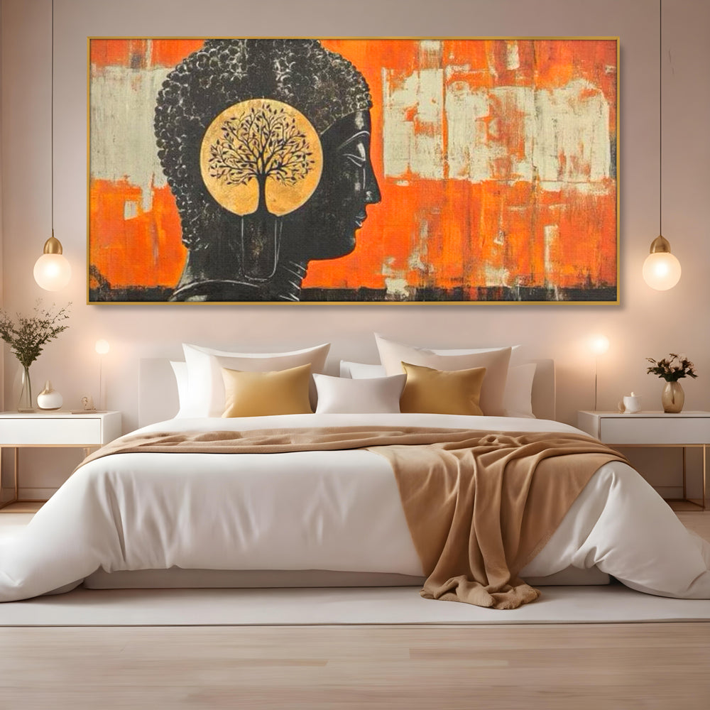 Leinwand Leinwand Wandkunst Premium, LuxCanva® I147, Peace of Mind, Buddha, Zen, Ruhe, Weisheit, Baum, Äste, Profil, Heilige Kunst, Meditation, Harmonie, Orange, Wohnen, Schlafzimmer