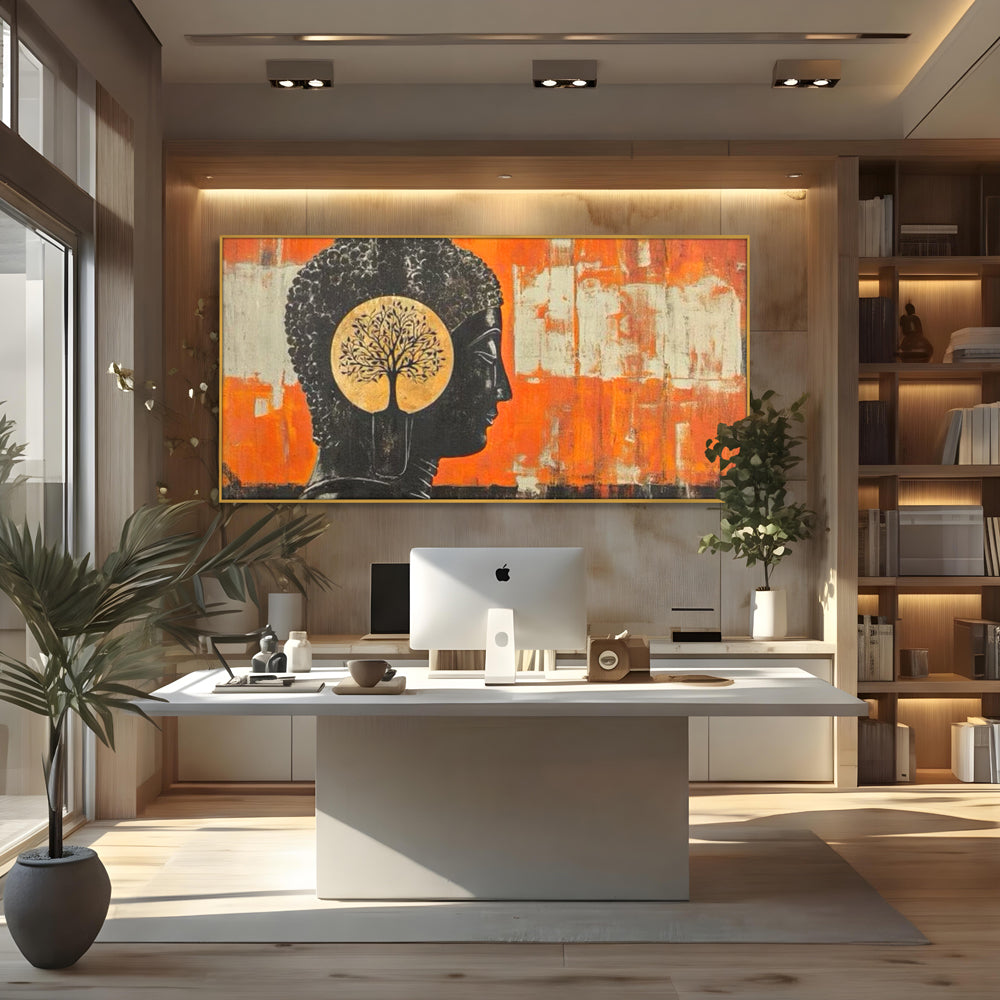 Leinwand Leinwand Wandkunst Premium, LuxCanva® I147, Peace of Mind, Buddha, Zen, Ruhe, Weisheit, Baum, Äste, Profil, Heilige Kunst, Meditation, Harmonie, Orange, Wohnen, Schlafzimmer