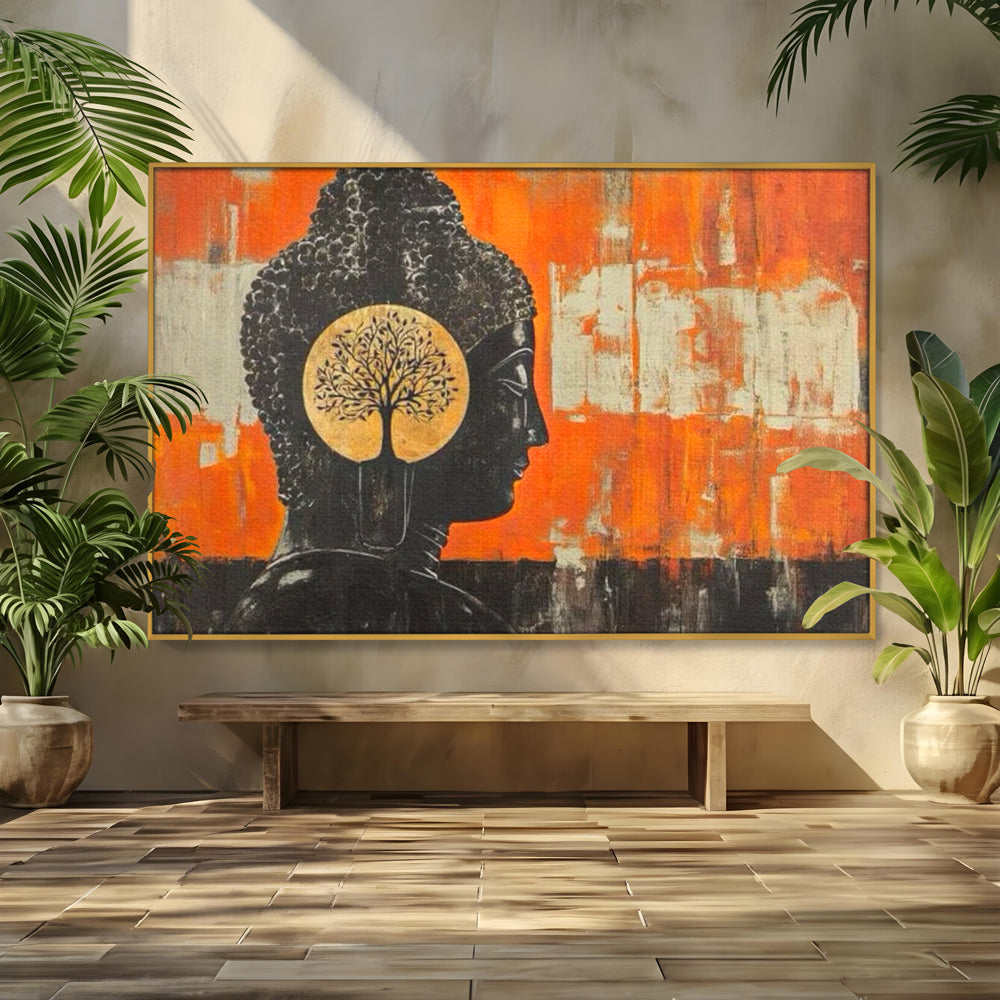 Leinwand Leinwand Wandkunst Premium, LuxCanva® I147, Peace of Mind, Buddha, Zen, Ruhe, Weisheit, Baum, Äste, Profil, Heilige Kunst, Meditation, Harmonie, Orange, Wohnen, Schlafzimmer