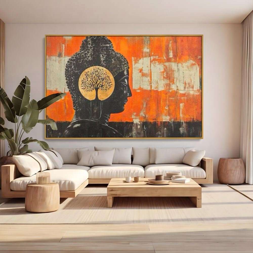 Leinwand Leinwand Wandkunst Premium, LuxCanva® I147, Peace of Mind, Buddha, Zen, Ruhe, Weisheit, Baum, Äste, Profil, Heilige Kunst, Meditation, Harmonie, Orange, Wohnen, Schlafzimmer