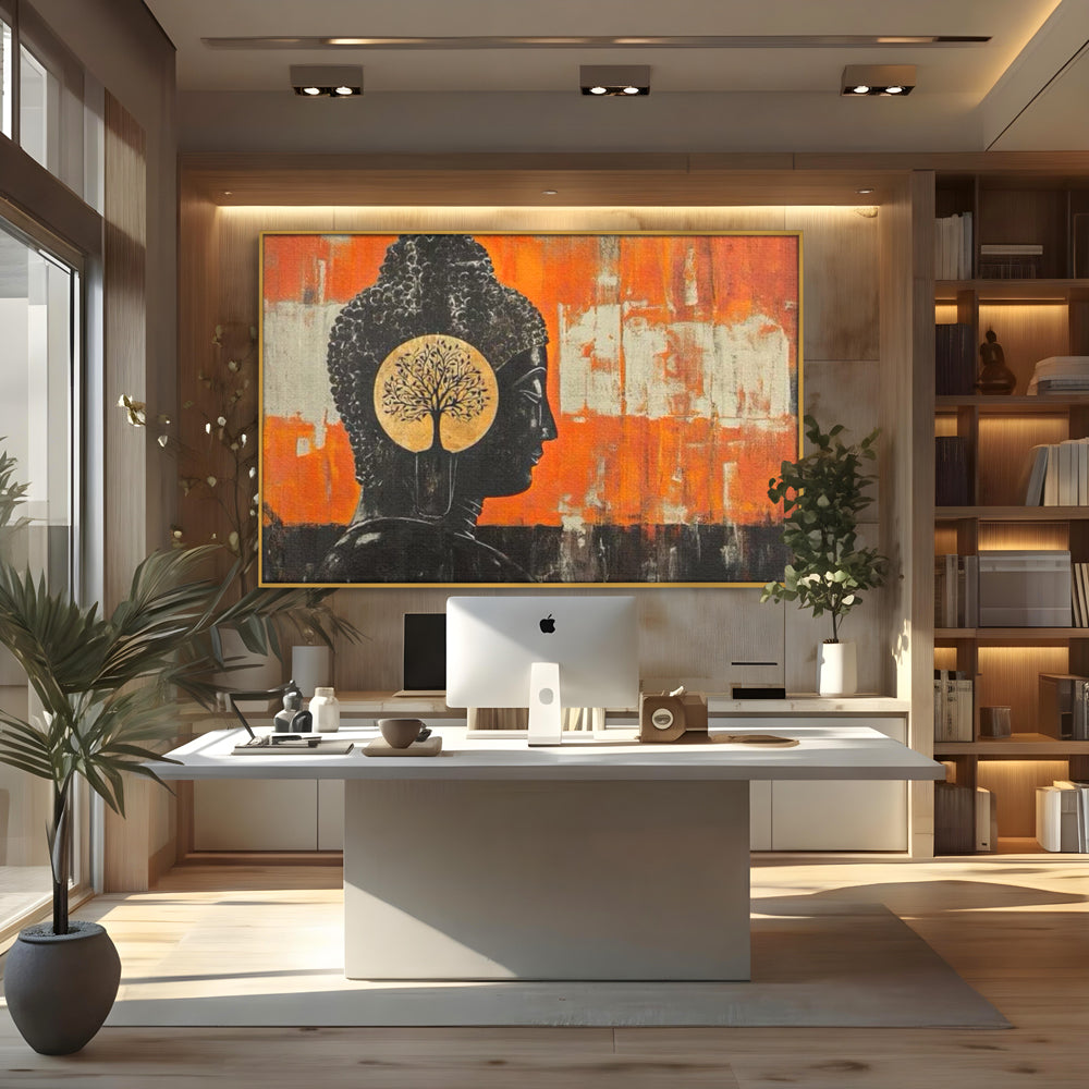 Leinwand Leinwand Wandkunst Premium, LuxCanva® I147, Peace of Mind, Buddha, Zen, Ruhe, Weisheit, Baum, Äste, Profil, Heilige Kunst, Meditation, Harmonie, Orange, Wohnen, Schlafzimmer