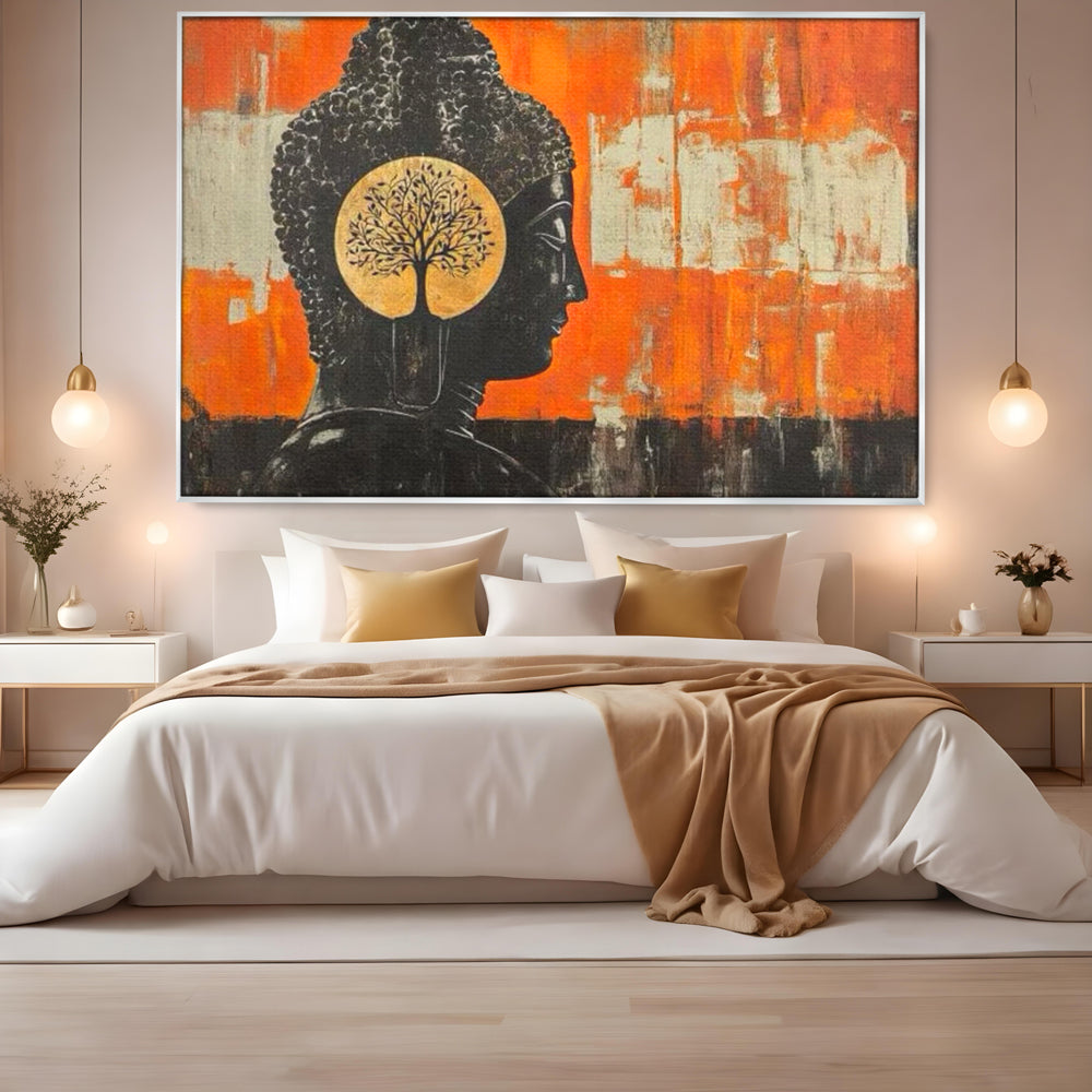 Leinwand Leinwand Wandkunst Premium, LuxCanva® I147, Peace of Mind, Buddha, Zen, Ruhe, Weisheit, Baum, Äste, Profil, Heilige Kunst, Meditation, Harmonie, Orange, Wohnen, Schlafzimmer