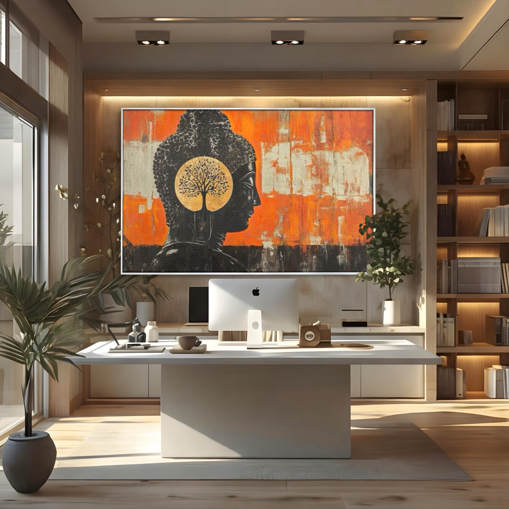 Leinwand Leinwand Wandkunst Premium, LuxCanva® I147, Peace of Mind, Buddha, Zen, Ruhe, Weisheit, Baum, Äste, Profil, Heilige Kunst, Meditation, Harmonie, Orange, Wohnen, Schlafzimmer